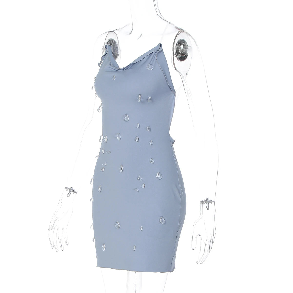Dulzura Summer Fashion Sexy Backless Water Droplets Diamond Decorate Slim Suspender Mini Dress Evening Party Club Street Clothes