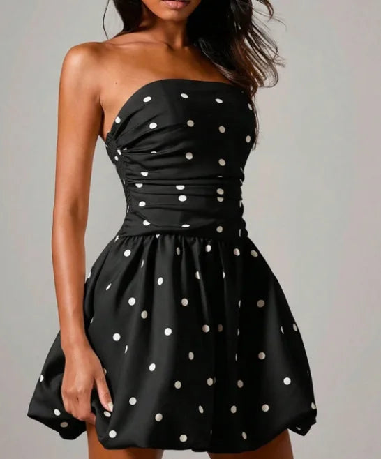 Polka Dot Print Tube Top Dress Summer Women's New Casual Loose Sexy Sleeveless Short Puffy Dress Vestidos De Fiesta Elegantes