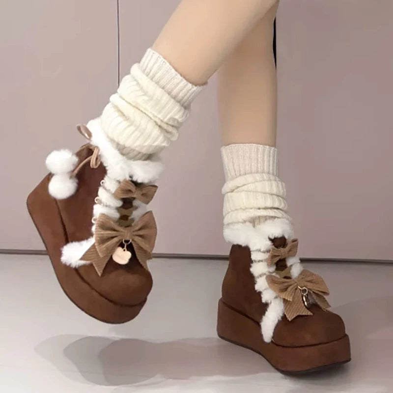 Sweet Girls Lolita Winter Snow Boots,Students Cute Plush Warm Bowknots PU Leather Lace Up Heightening Platform Shoes