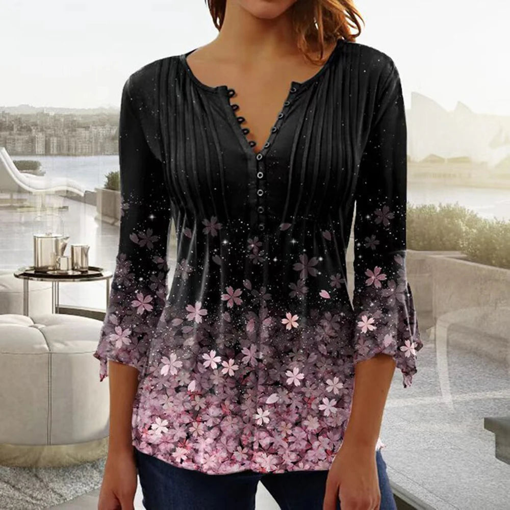 2024 Trendy 3D Printed Shirts for Women Spring Summer 3/4 Sleeve V Neck Buttons Blouse Shirt Elegant Ladies Long Sleeve Tops