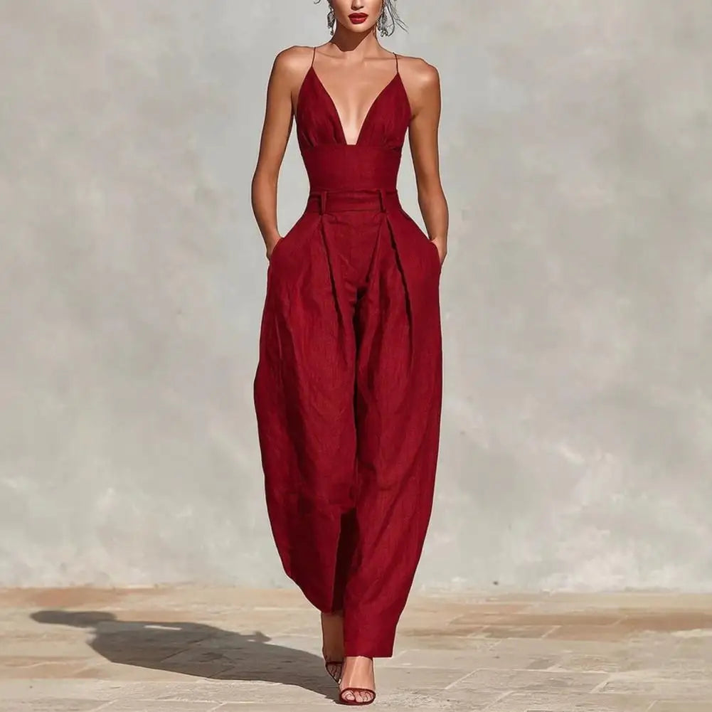 Elegant Sexy V-Neck Spaghetti Strap Jumpsuit Women High Waist Wide Leg Casual Romper Spring Boho Solid Backless Pockets Overalls