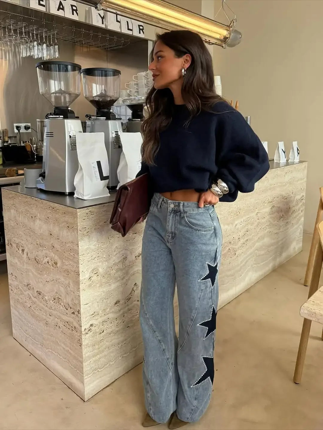 Women Blue Wide Leg Jeans Lady High Waist Star Patchwork Denim Pants Loose Fit Straight Leg Trousers 2026 New Casual Street Wear