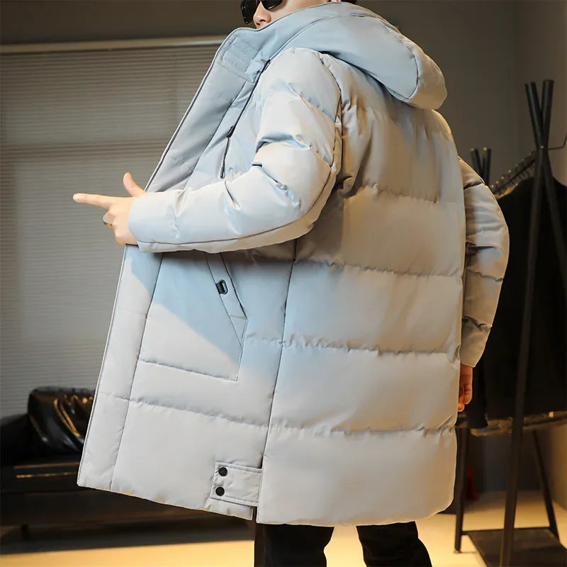 2023 Warm Hooded Mid-length Jacket Mens Casual Zip Up Cotton Padded Jacket Overcoat Autumn Winter Windbreaker Coats Men Clothing