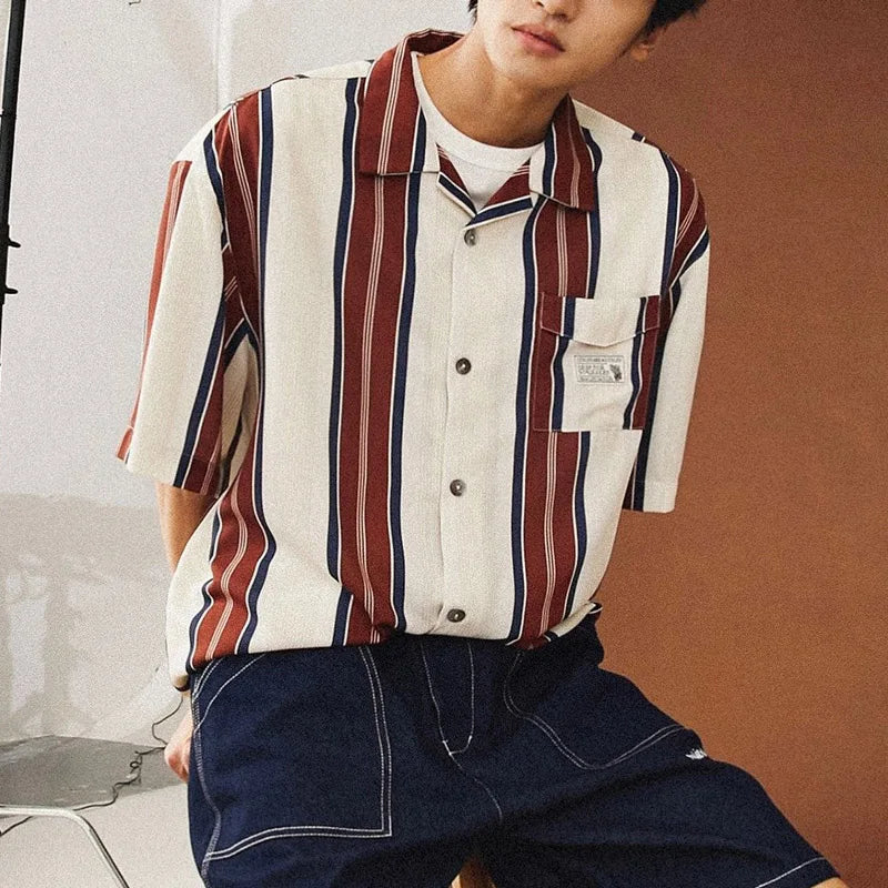 Summer New Turn-down Collar Fashion Short Sleeve Shirt Man High Street Casual Button Cardigan Striped Pockets Patchwork Tops