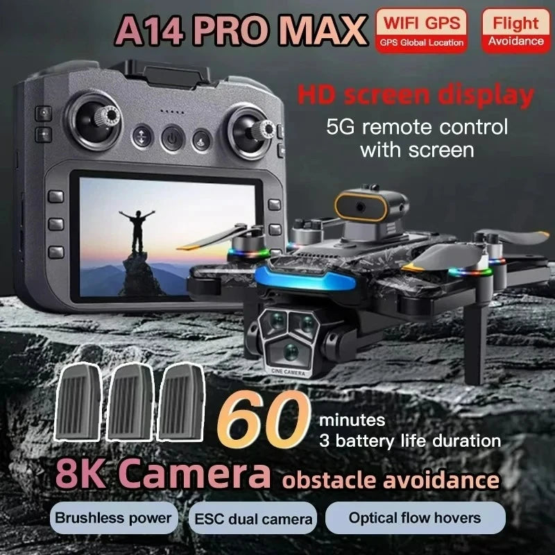 Original A14Pro max GPS Brushless 8K three Camera Optical Flow Obstacle Avoidance Foldable Quadcopter RC Distance Drone Toys