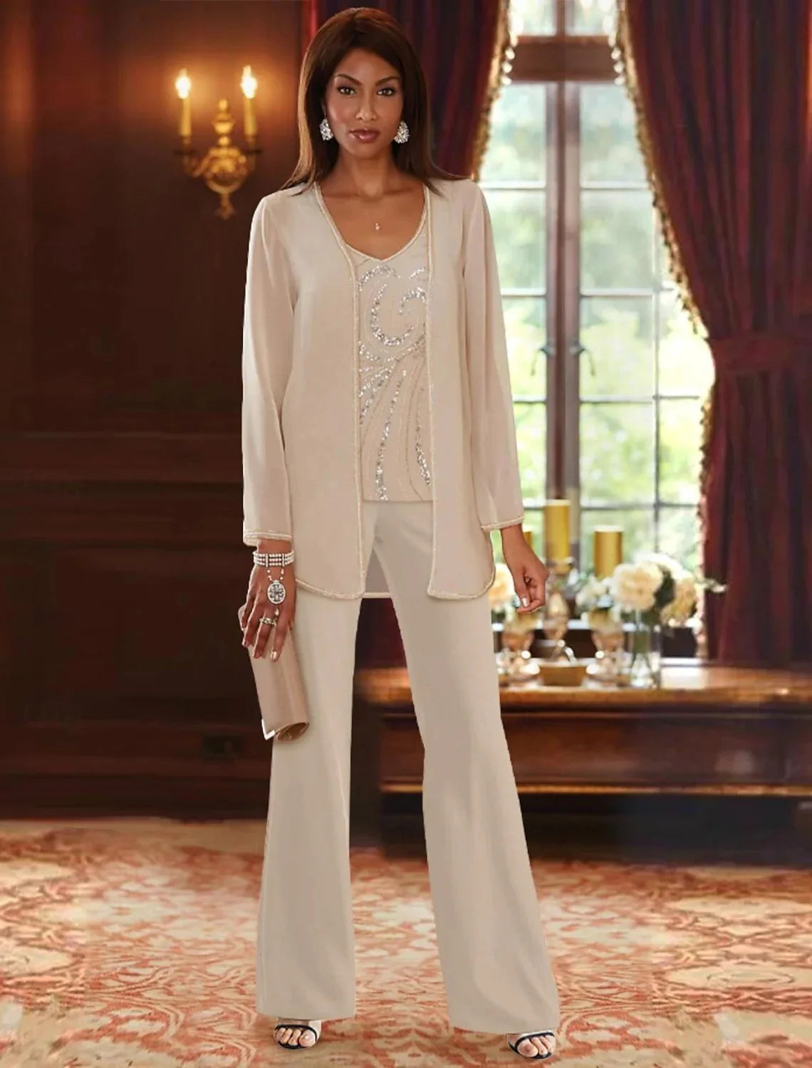 Pantsuit 3 Piece Mother of the Bride Dress Formal Wedding Guest V Neck Chiffon Lace Sleeveless with Beading Sequin 2024