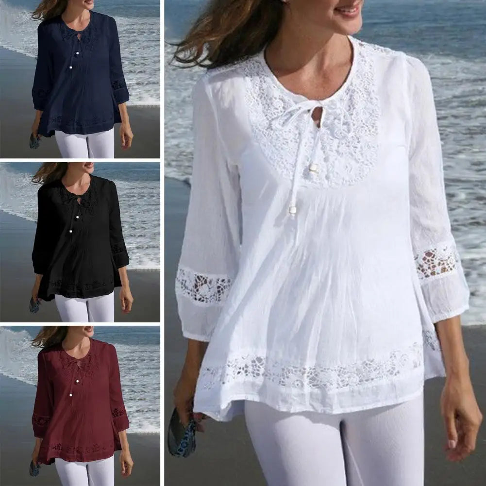Round Neck Women T-shirt Lace Patchwork Crew Neck Lady Spring Shirt Chic Plus Size Casual Lady Spring Blouse for Dating