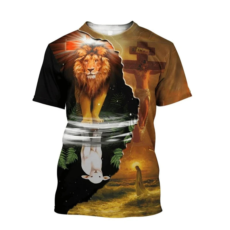 New 3D Print Jesus Lion Eagle Graphic T Shirt For Men Women Tees Trendy Unisex USA Flag T-shirts Casual Short Sleeve Kids Tops