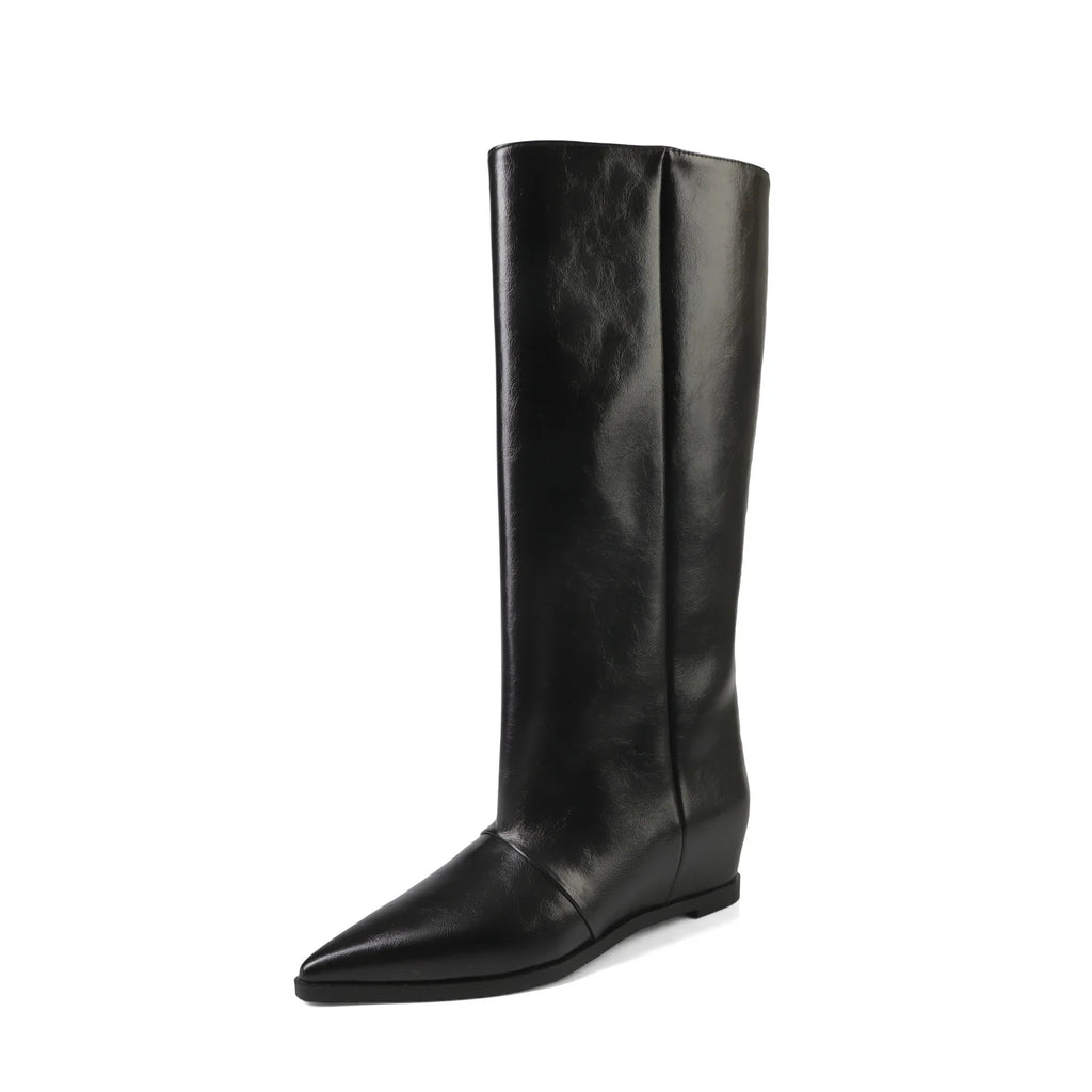 QUTAA 2025 News Women Knee High Boots Leather Wedge Heels Autumn Shoes Pointed Toe Woman Winter Party Lady Long Boots Size 34-40