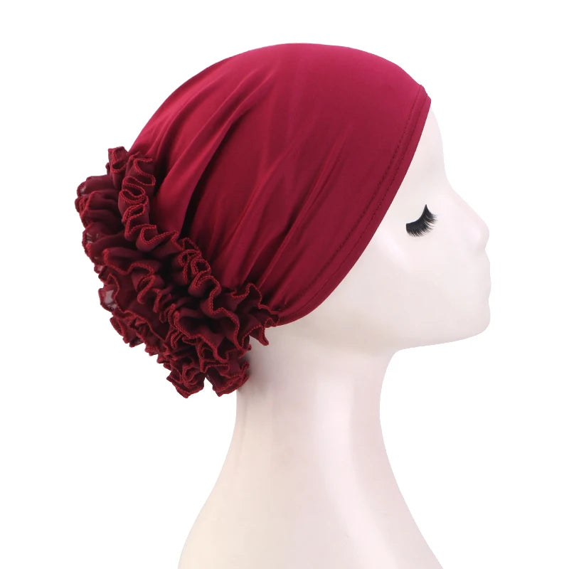 New breathable chiffon hat with large flowers Solid color thin bottom cap Islamic Head Wrap Women's elastic anti hair loss hat