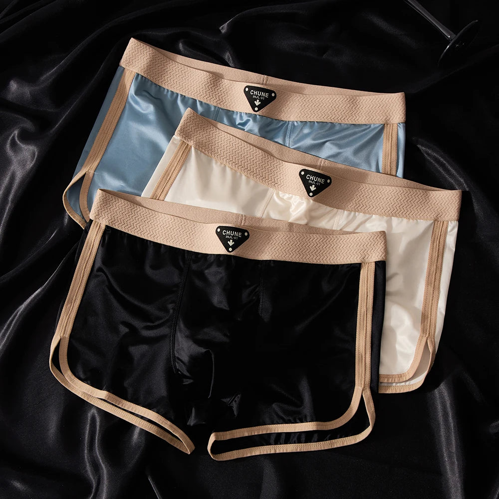 3PCS/Pack Luxury Ice Silk Satin-like Men's Underpants Double-layer Silk Crotch Panties Hygroscopic Breathable Underwear for Man
