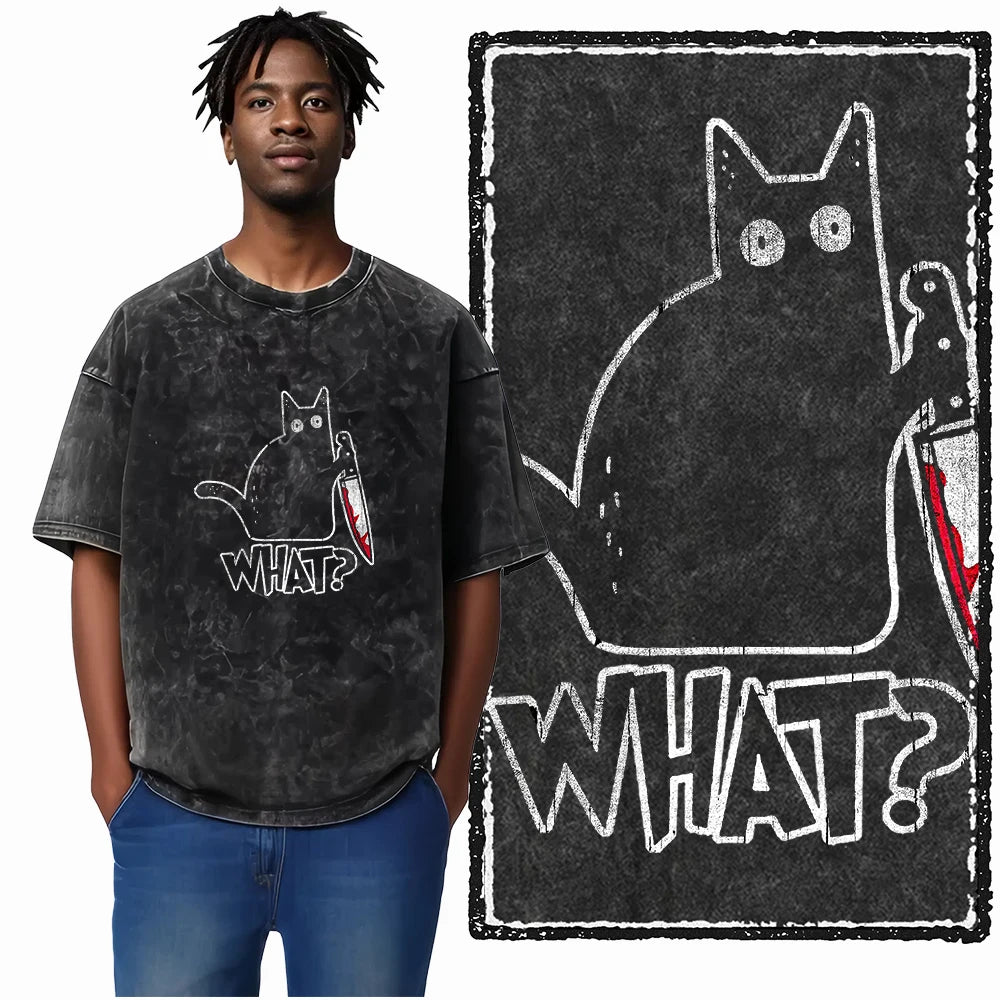 COOLMIND DB Cat Printed Cotton Acid Washed Exclusive Graphic Unisex T Shirt Cool Streetwear Men Tshirts Big Size Tee for Men