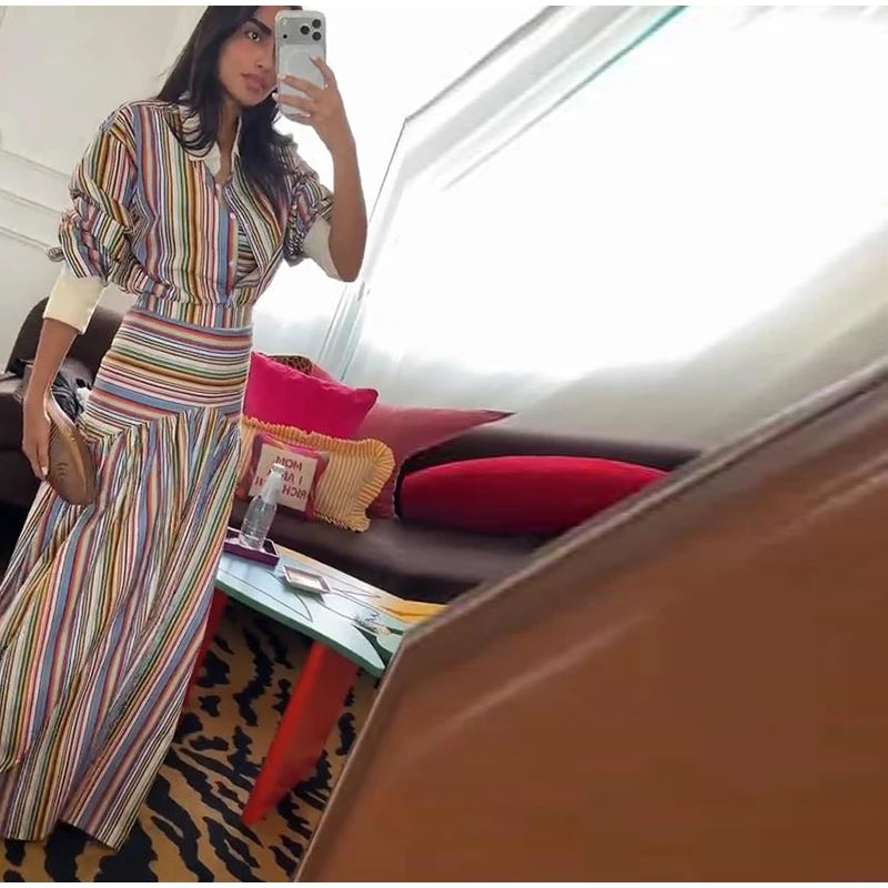 Multicolor Striped Shirt 2 Picec Set Button Front Blouse High Waist Flared Hem Maxi Skirt 2026 Summer Elegant Lady Vacation Suit