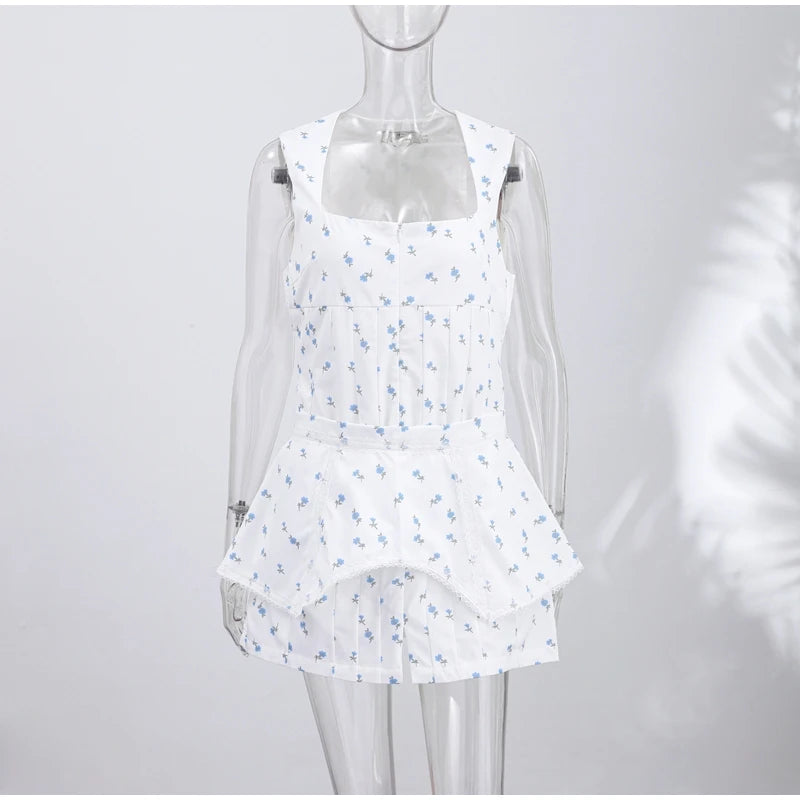 Elegant Printed Women's Dress Sleeveless Square Collar Waist-Closed Lady Mini Dresses With Waist Tape 2026 Summer Robe New