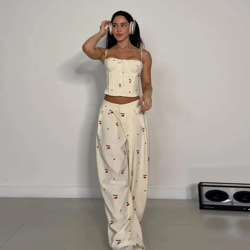 Vintage Polka Dot Women's Pants Sets 2 Pieces Tie Lapel Full Sleeve Blouses Loose Wide Leg Pant 2026 Autumn Lady Vacation Suits