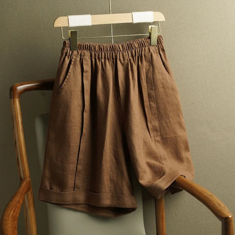 Women's Spring Summer New Linen Wide Leg Shorts Elastic High Waist Casual Loose Plus Size Straight Leg Pants