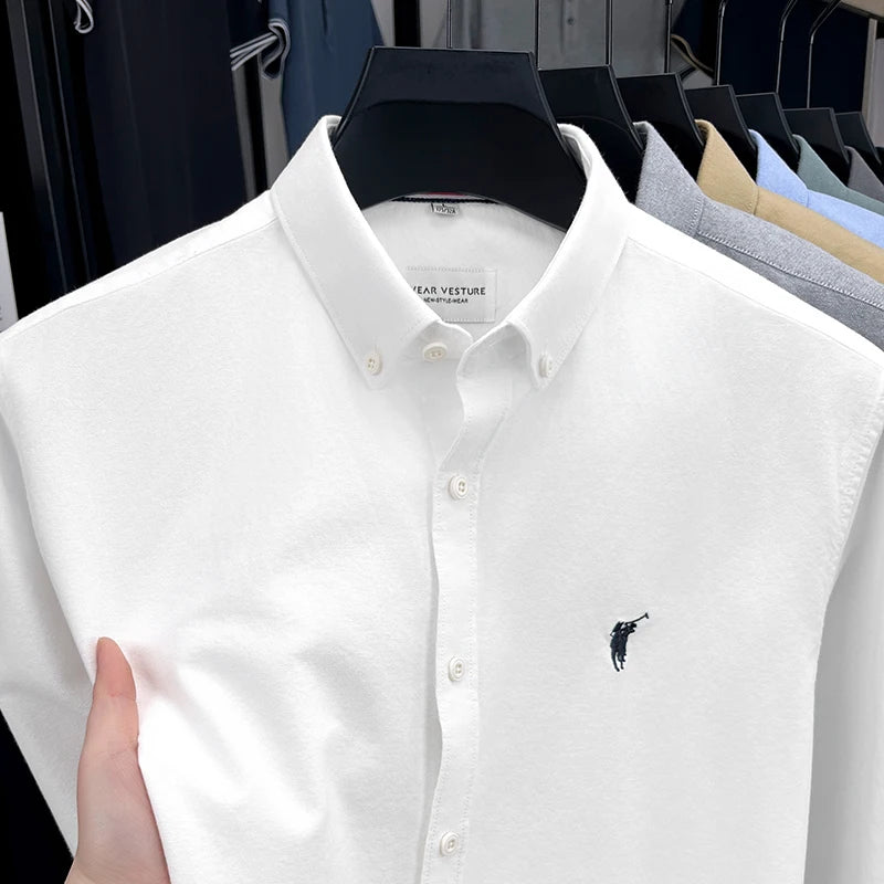 High End 100% Pure Cotton Long Sleeved Men's 2026 Spring Fashion Solid Color Business Casual Small Horse Logo Shirt