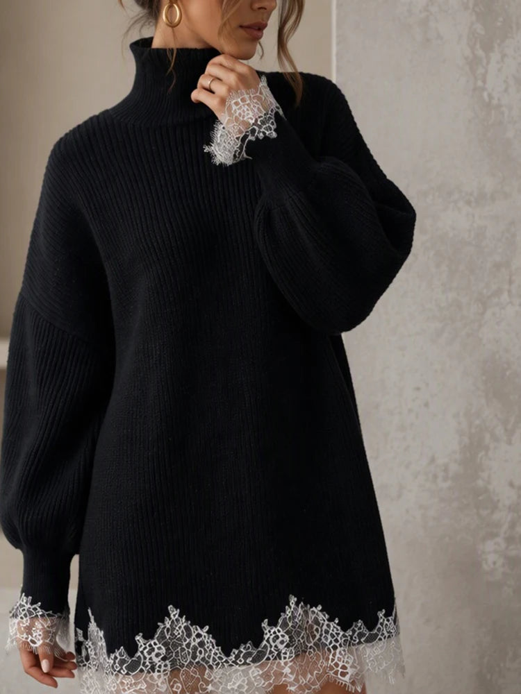 Women's Black Knitted Turtleneck Sweater Dress Lace Splice Mini Dress Fashion Spring Autumn Vintage Casual Retro Loose Dress