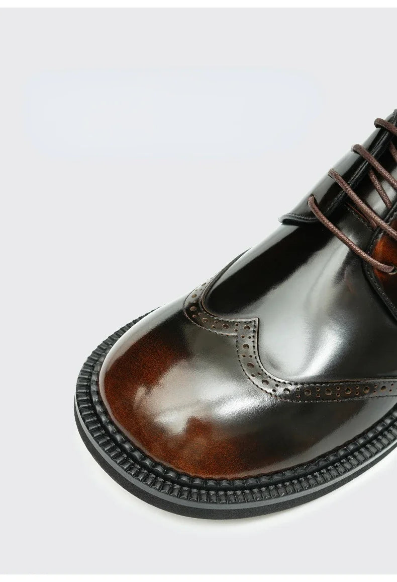 Retro Mens Dress Brogues Shoes Luxury Genuine Leather Round Toe Handmade Fashion Flat Autumn Black Wedding Social Shoes Man 2025