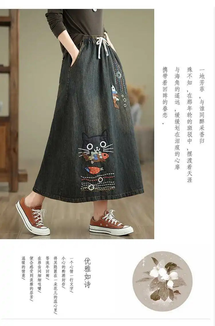 2026 Women's Denim Skirts Retro Cartoon Animal Embroidery Casual Half Skirts Spring Summer High Waist Fashion Loose Midi Skirts