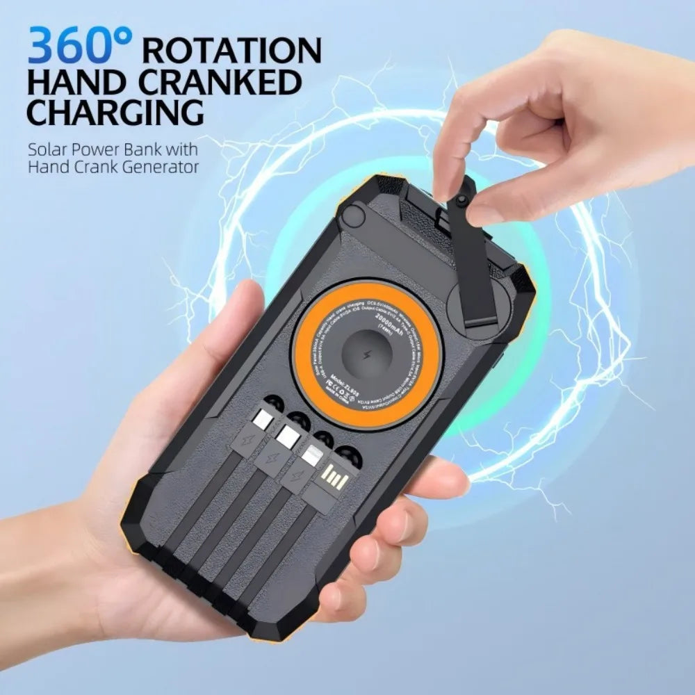 New 50000mAh Solar Power Bank Hand Crank Generator Portable Outdoor Emergency Charger with 4 Built-in Cables Dual LED Flashlight