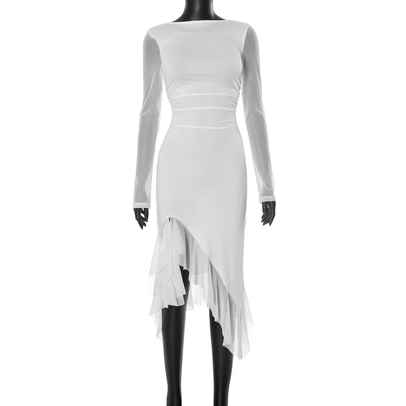 Spring Autumn New Pure Color round Neck Mesh Panel Long Sleeve Slit Lace Trim Sexy Dress Elegant Women's Fashion Skirt