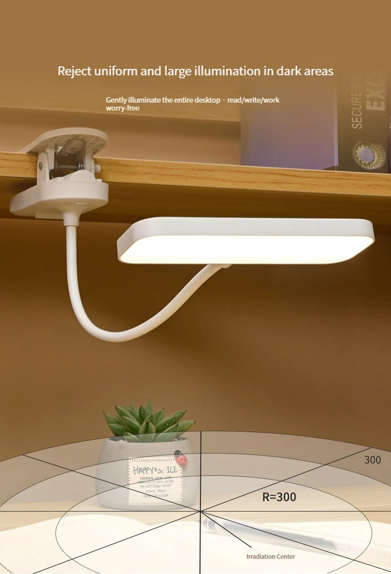 Clip-On Desk Lamp with Eye Care, USB Rechargeable & Plug-in Dimmable LED Light, Adjustable Study Lamp for College Dorm, Bedroom