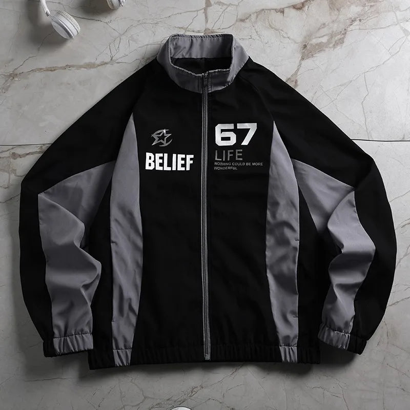 American Casual Lightweight Bomber Jacket Men Stand Collar Racer Style Letter Print Motorcycle Coat for Sports Daily Wear