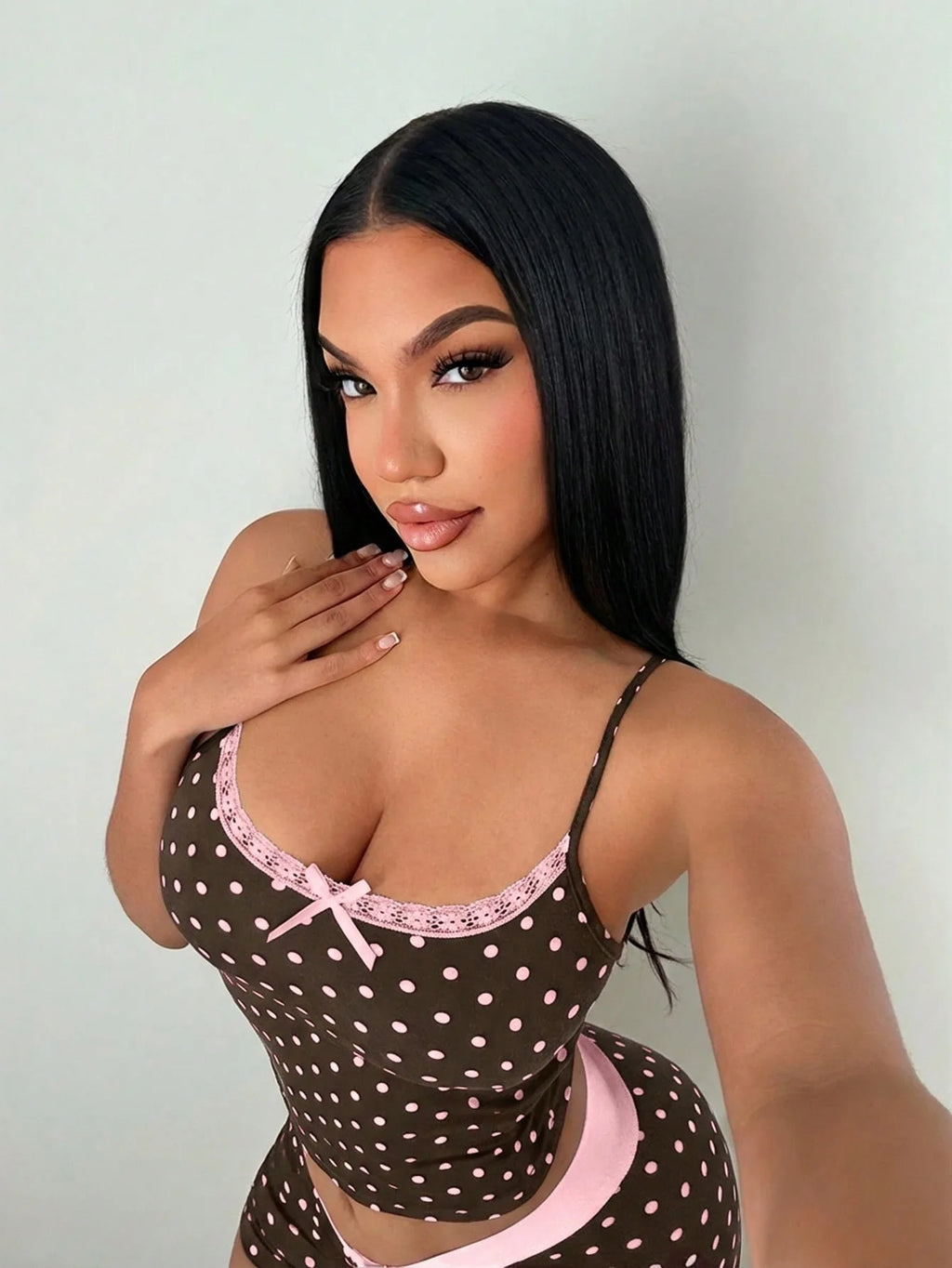Fashion polka dot lace camisole home suit set, pure desire spicy girl style pajamas two-piece set, short