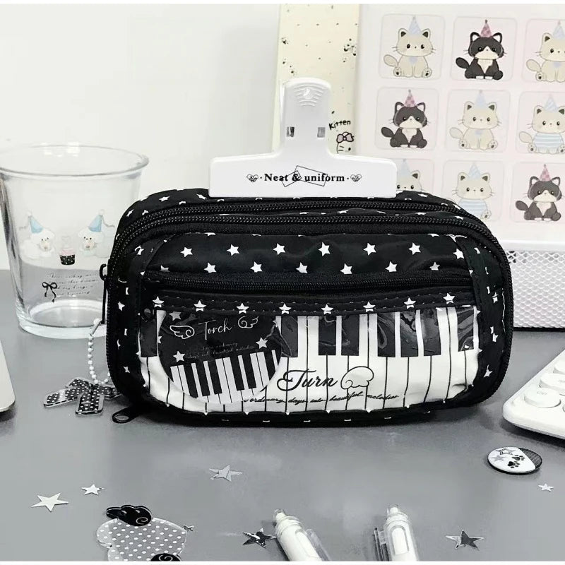 Polka Dot Piano Keyboard Backpack Back-to-school Girl Music Theme Embroidered Nylon Backpack Large Capacity Lightweight Backpack