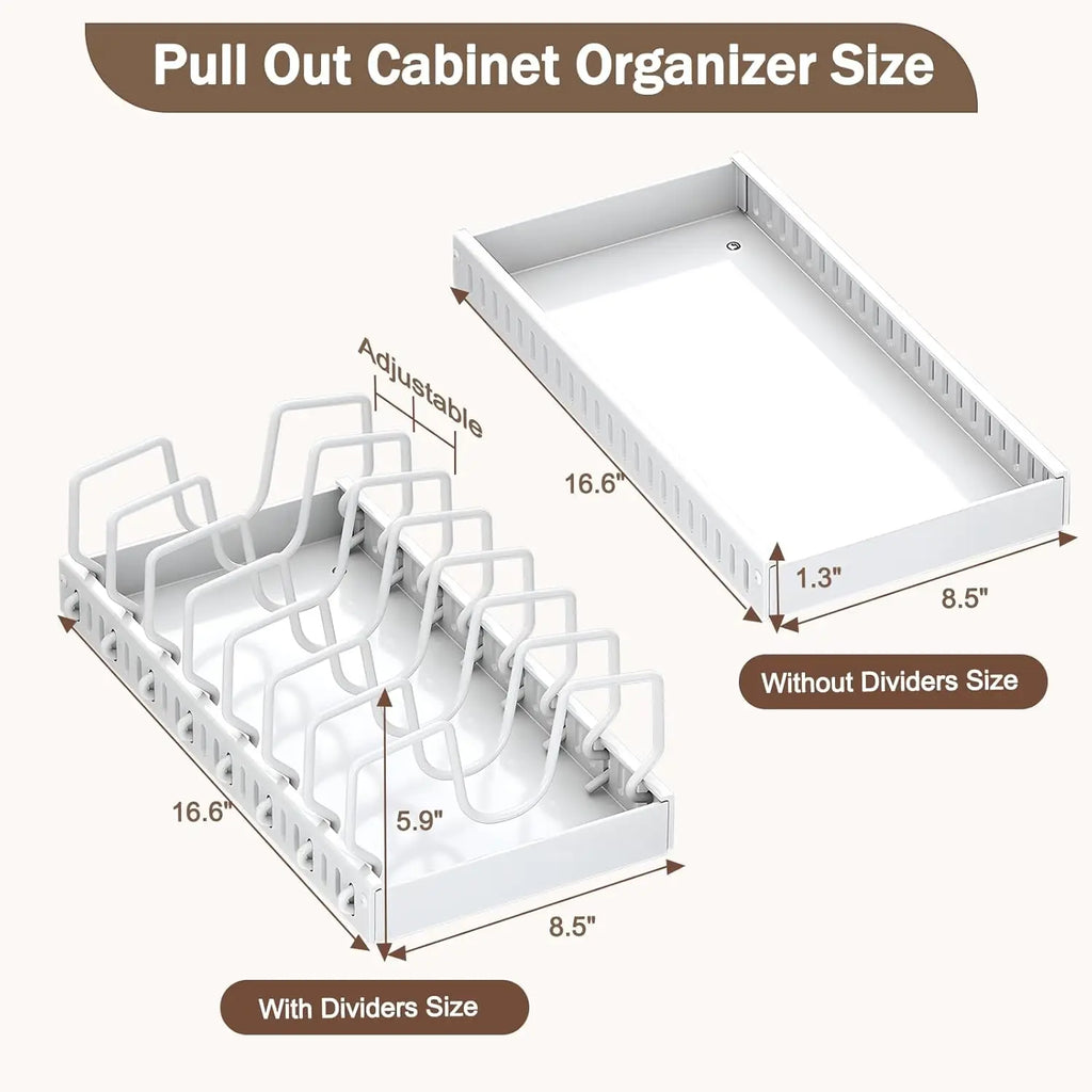 Pull-out pot rack organizer with adjustable shelves, space-saving kitchen cabinet storage