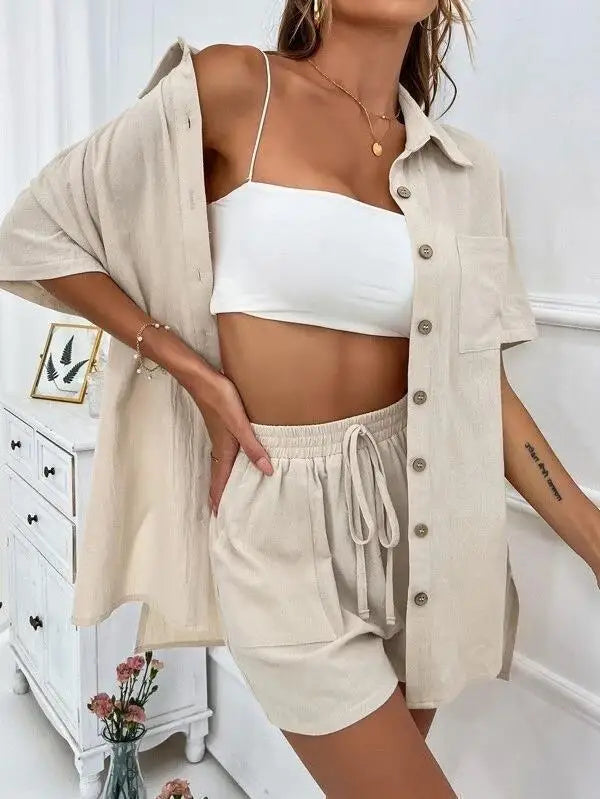 Solid Color Single Breasted Top Casual Loose Short Pants Sets Women Summer Women's 2 Pieces Suit Full Set Female Outfit Clothes