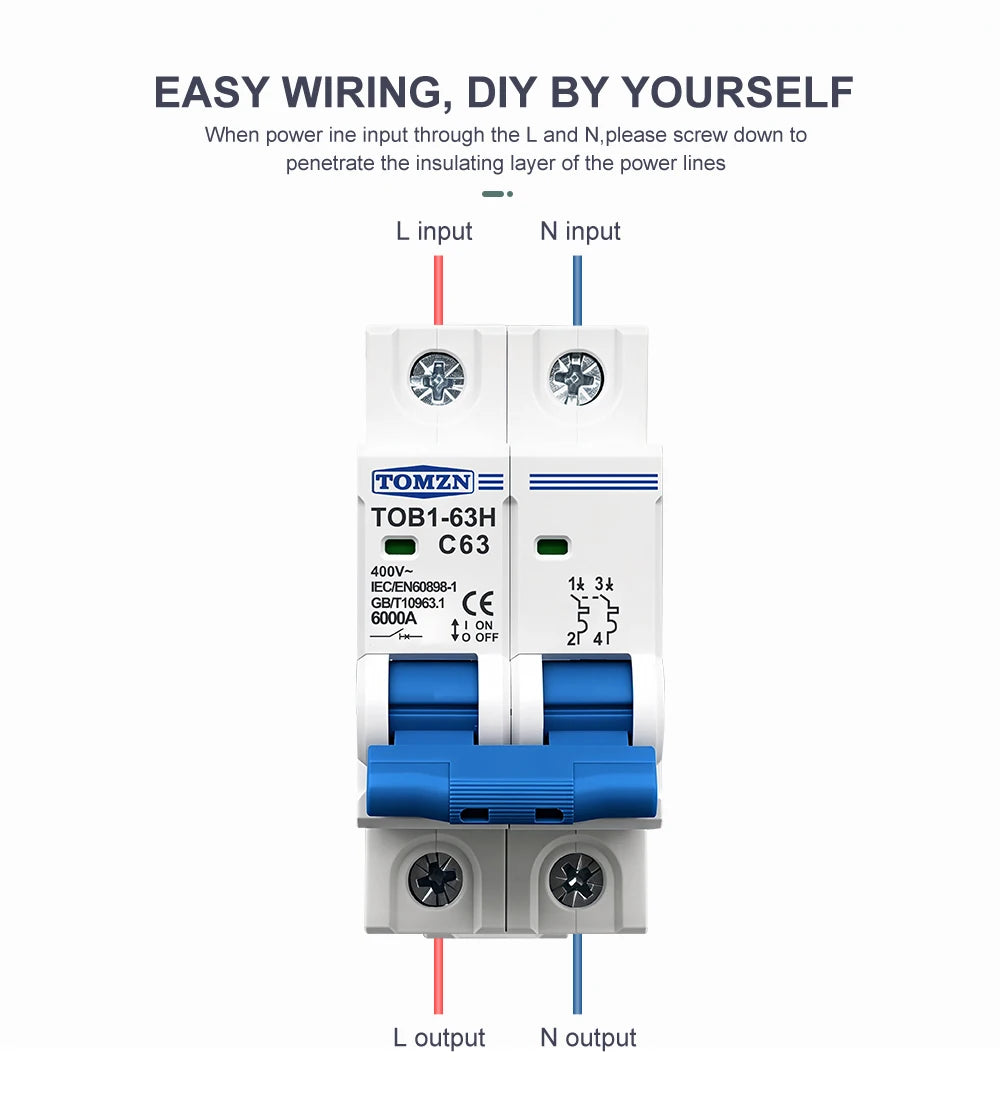 TOMZN 2P AC MCB TOB1-63H C Type 230/400V~ 50/60Hz Mini Circuit Breaker 3A 6A 10A 16A 20A 25A 32A 40A 50A 63A