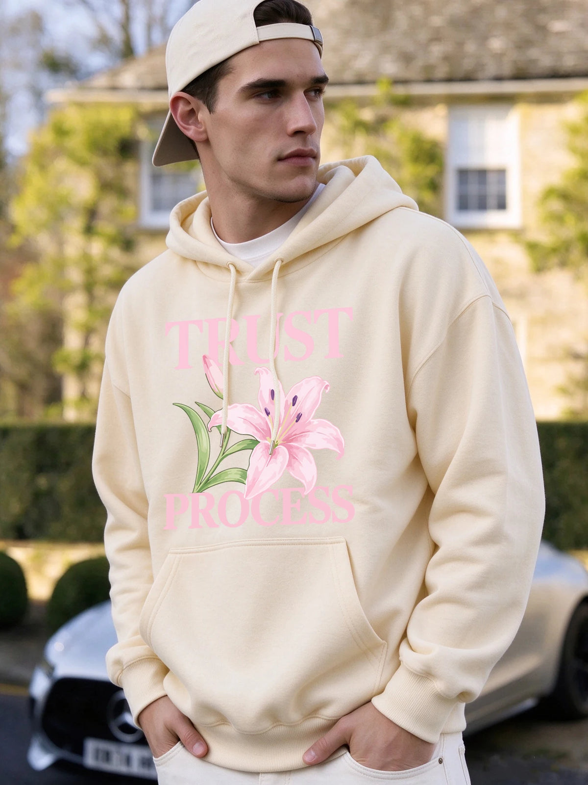 Trust Process Hibiscus Print Men Basic Hoody Casual Pocket Tops Hip Hop Loose Pullover Autumn Fleece Unisex Simple Long Sleeve