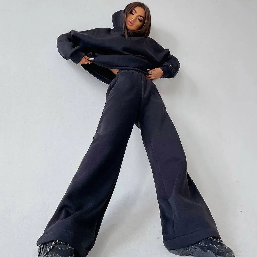 Woman's Solid Color Hooded Sweatshirt Pant Two-piece Set Fashion Long Sleeves Pocket Pullovers Pants Suits Ladies Loose Outfit