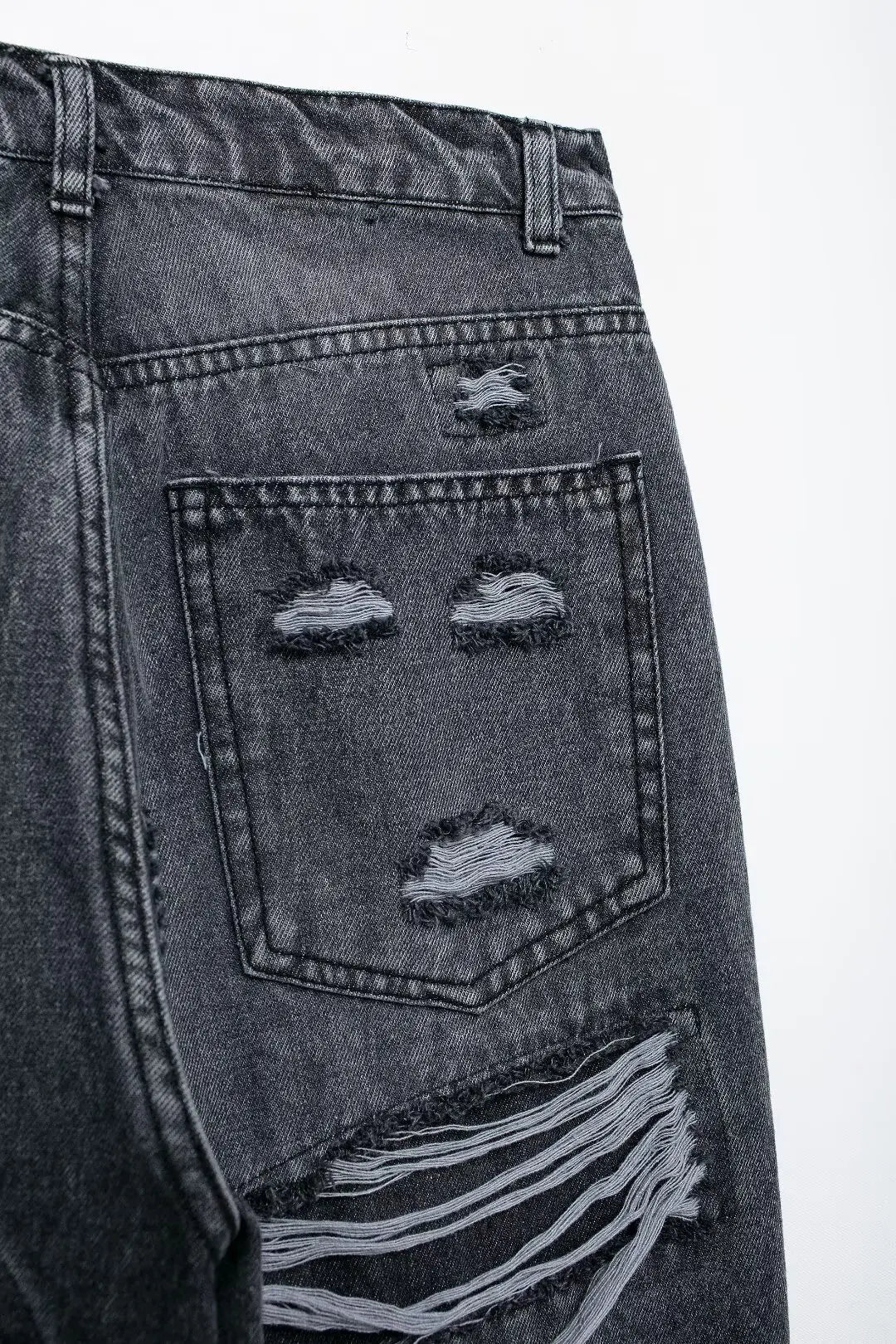 HH 2024 Women's Street Fashion Denim Blue Jeans Distressed Patchwork High Waist Zipper Fly Ripped Retro Long Pants