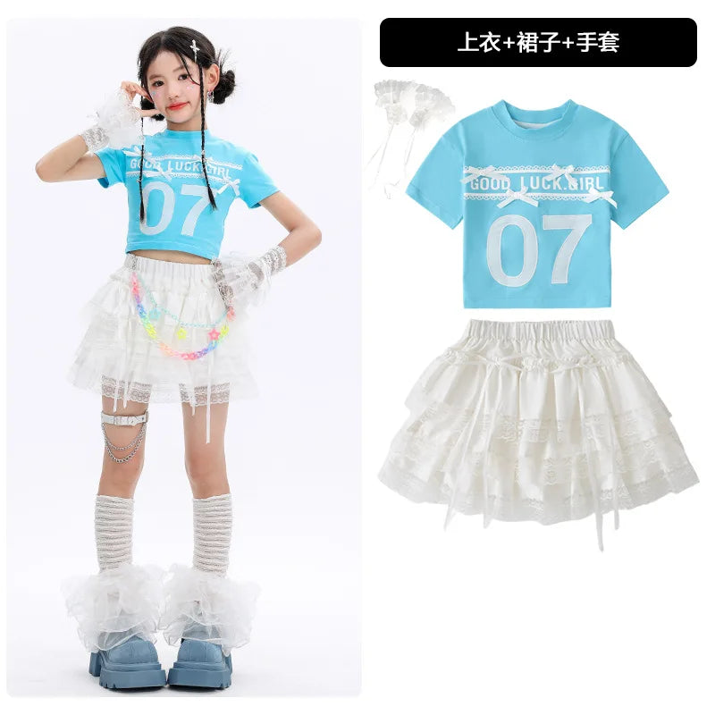 Kid Cute Hip Hop Clothing BLue Crop T Shirt Sleeves White Layered Lace Pleated Mini Skirt for Girls Jazz Dance Costume Clothes
