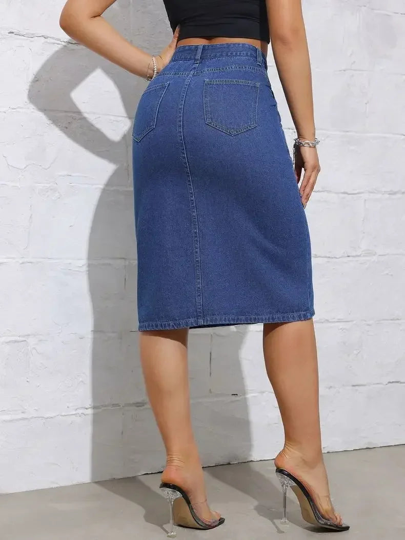 Women Waist Stretchy Denim Pencil Skirt, Midi Knee Length Slit Bodycon Flattering Casual Daily Streetwear Chic Ladies Midi Skirt
