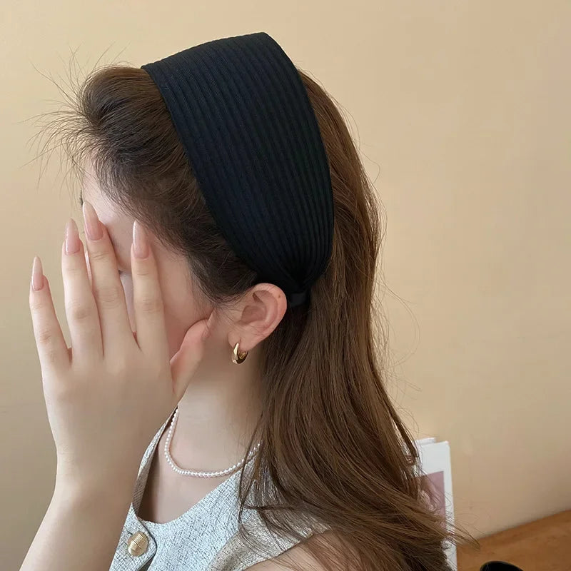 Solid Color Wide Edge Striped Yarn Headband High Head French Gentle Hair Accessory Popular Internet Celebrity Style