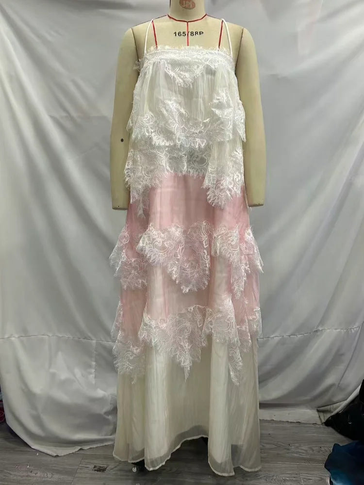 Romantic White Pink Tiered Lace Maxi Dress Spaghetti Straps Cross Back Tie Closure Flowy Skirt Women Date Party Vacation Outfit