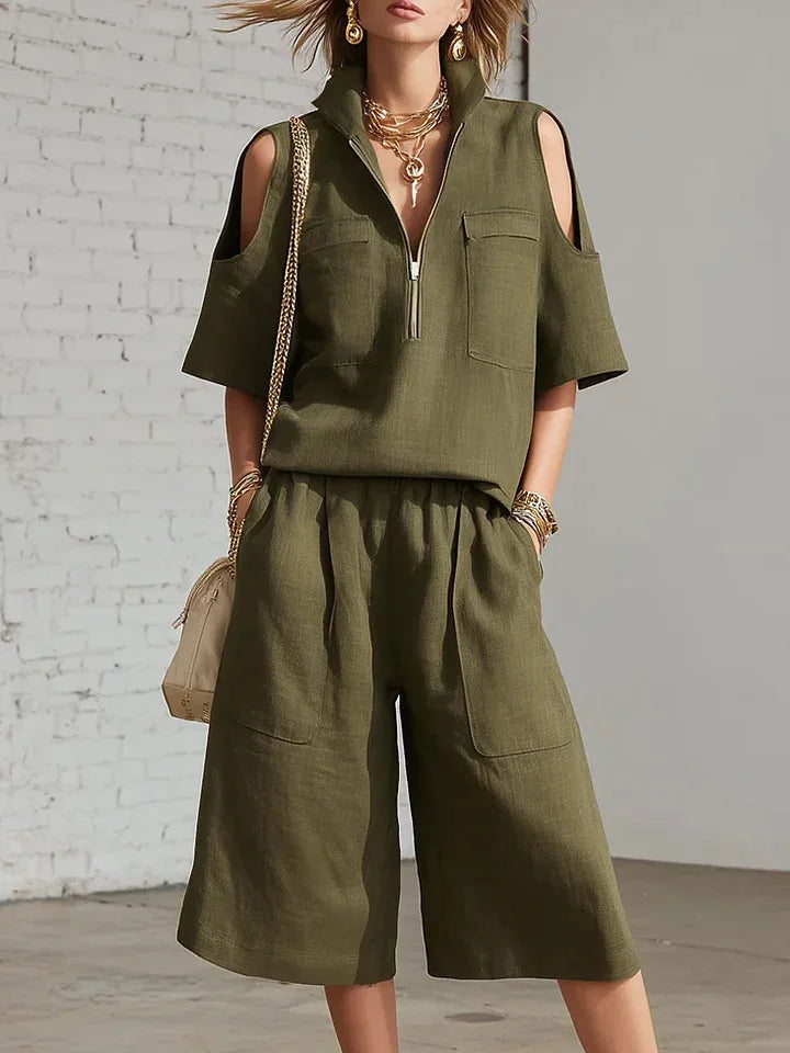 2026 New Summer Women's Clothing Two-piece Set Fashion Pockets Short-sleeved Shorts Shirt Loose Pants Casual 2-piece Set Women