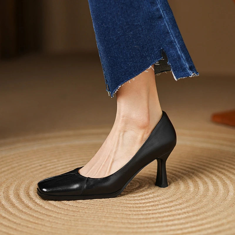 NEW Spring/Autumn Women Pumps Genuine Leather Shoes for Women Square Toe Thin Heel Shoes Concise Shallow High Heel Pleated Shoes