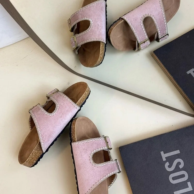 Women's Flat Slide Sandals Open Toe Suede Look Double Buckle Strap Slip on Whipstitch Detail Casual Summer Daily Walking Shoes