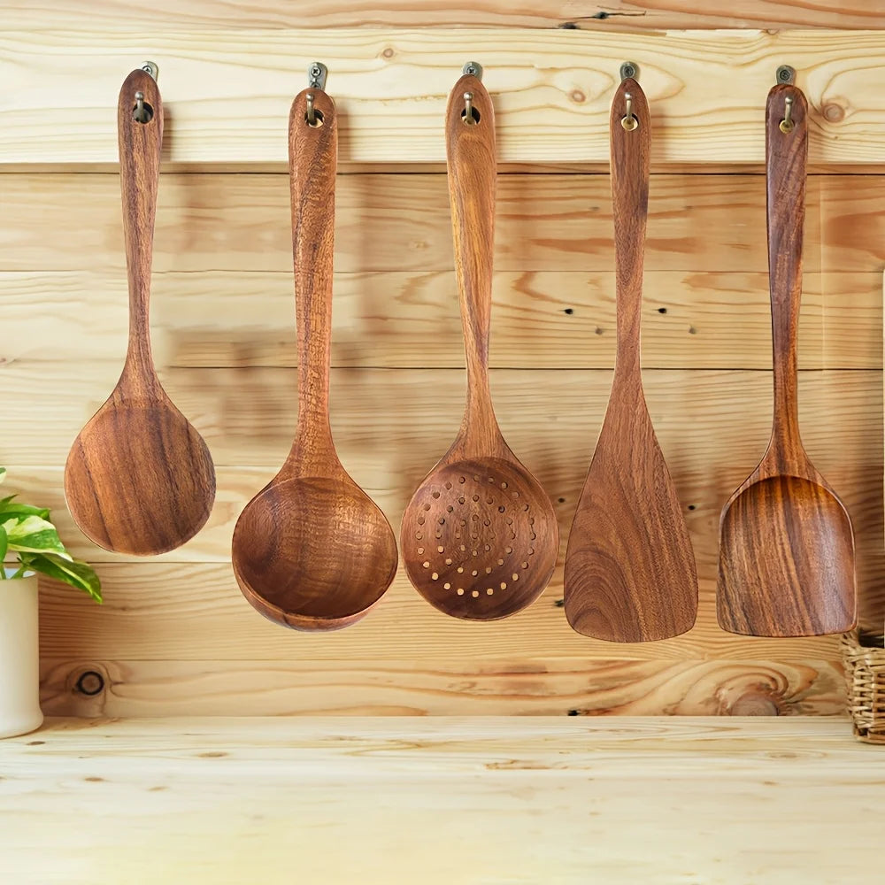 Wooden kitchen utensil cooking set, household spatula spoon set, salad spoon fork, mixing spoon, kitchen baking set