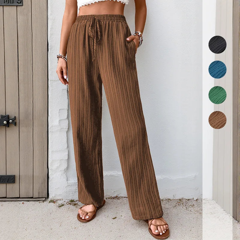 Womens High Waist Pleated Wide Leg Pants Simple Versatile Loose Casual Trousers