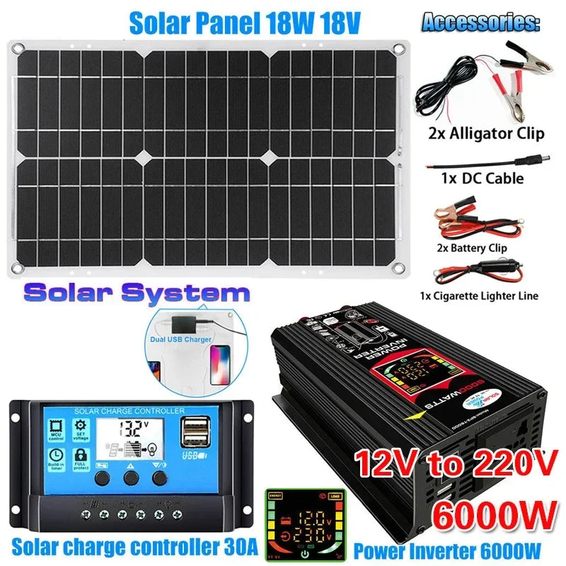 3000W/4000W/5000W/6000W Solar Panel System Power Inverter Kit 12V to 220V with 18V Solar Panel+30A Charge Controlle Power