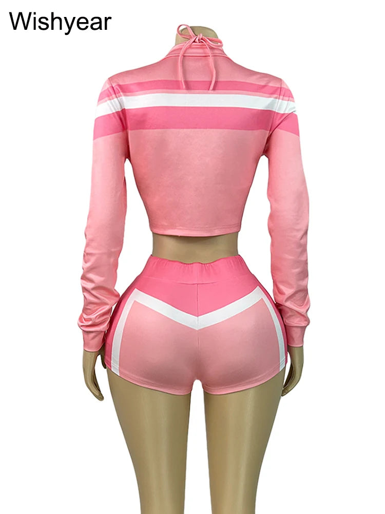 Sexy Beach Bikini Suits Woman Fashion Stripe Print Patchwork Full Sleeve Jacket+Crop Tops+ Shorts 3 Piece Set Vacation Hot Girls
