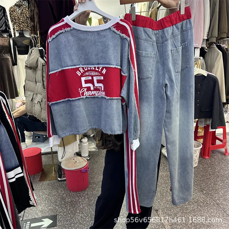 American Sports Two-piece Sets New Spring Colorblock Letters Printed Loose Denim Hoodie Top + Elastic Waist Casual Long Trousers
