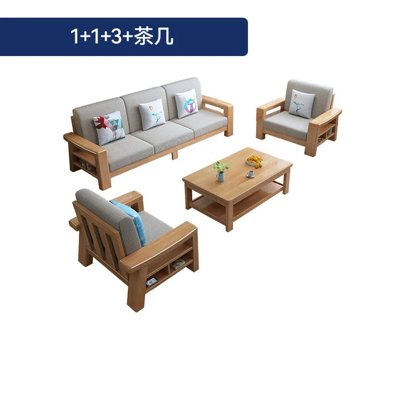 Nordic solid wood three-person sofa, modern simple fabric, small apartment concubine coffee table combination furniture