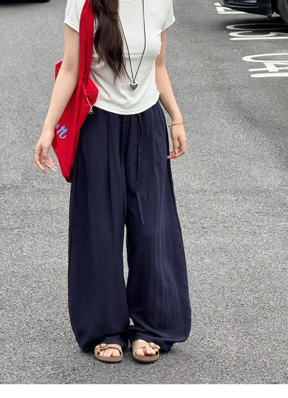 Loose Casual Cotton Linen Trousers Women Full Length Drawstring Women's Wide-leg Pants Summer Thin Linen Navy Blue Baggy Pants